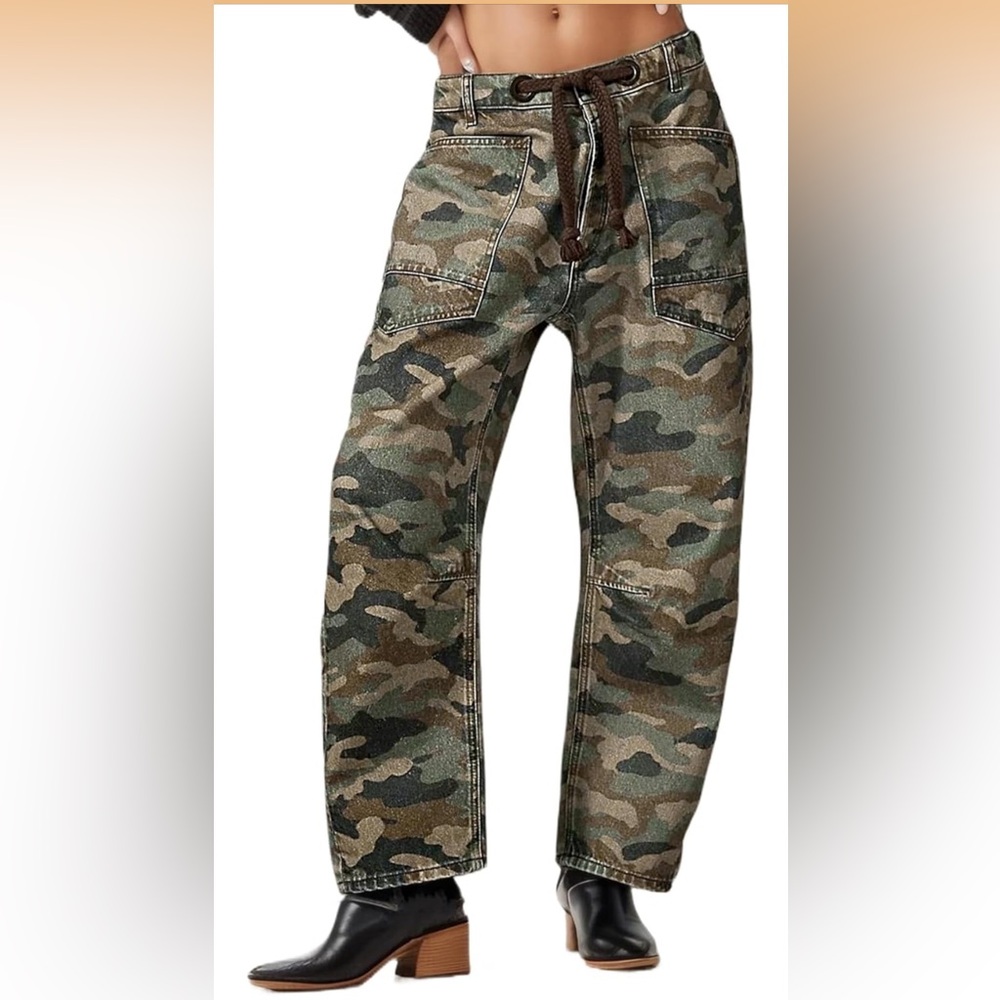 Kedera Barrel Jeans Mid Rise Camo Pants Wide Leg Boyfriend Denim with Pockets